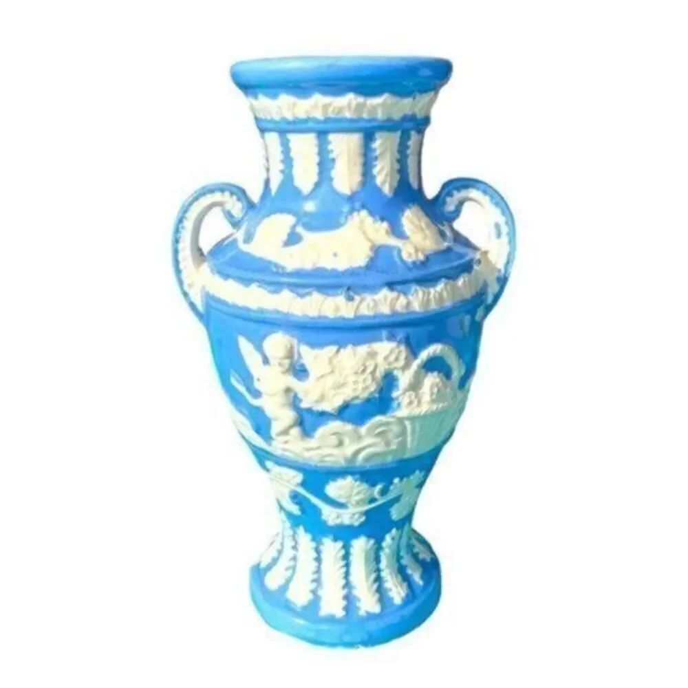 Vintage - Japan Blue Vase with White Cherub Angels - Wedgewood Style Handles